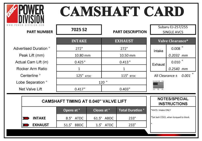 Arbol de levas GSC S2 Billet 272/272 10.8mm/10.5mm Subaru WRX 06-14 EJ255 STI 04-07 2.5L EJ257 - Imagen 3